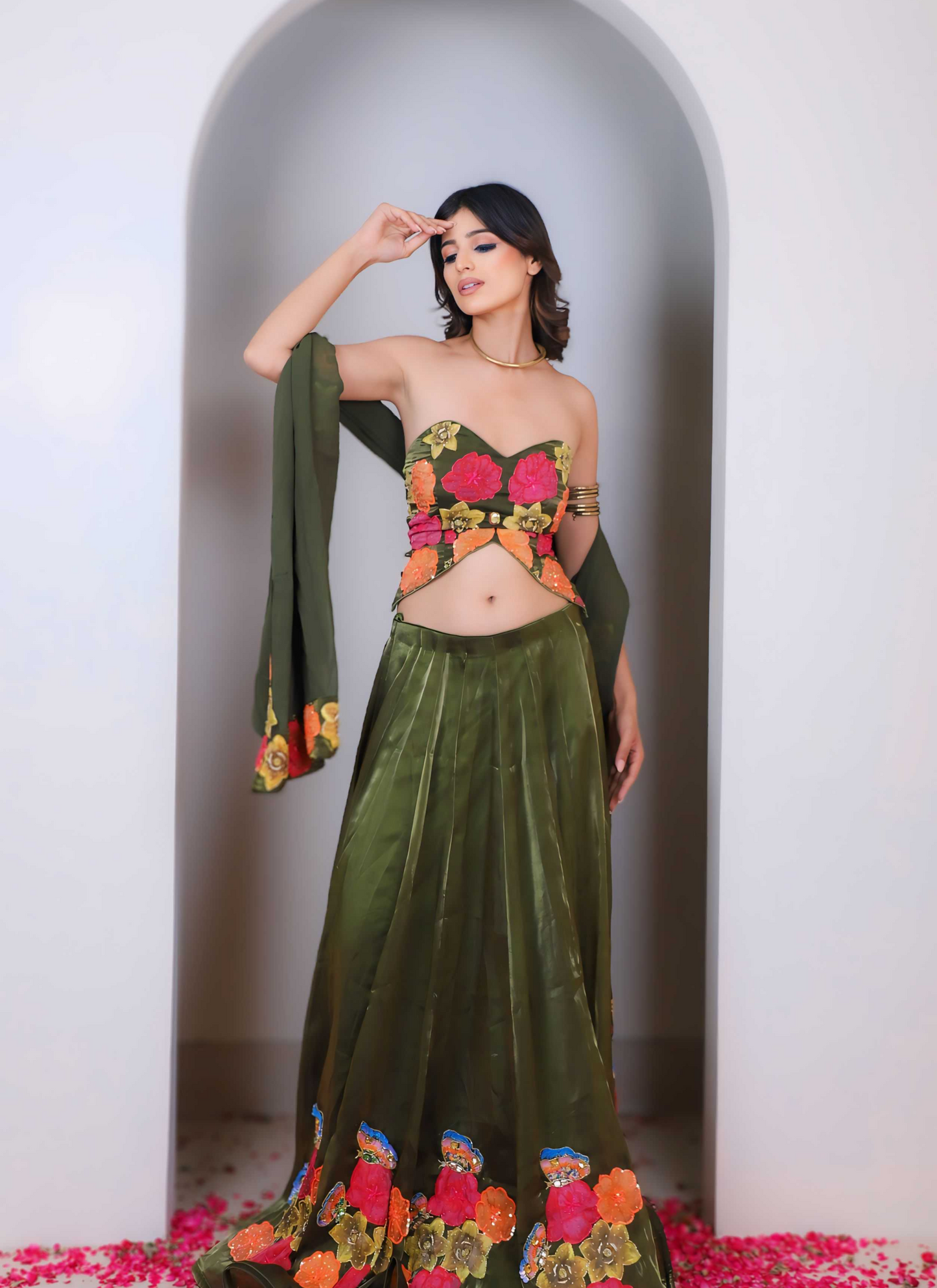 Green Hand Painted Lehenga