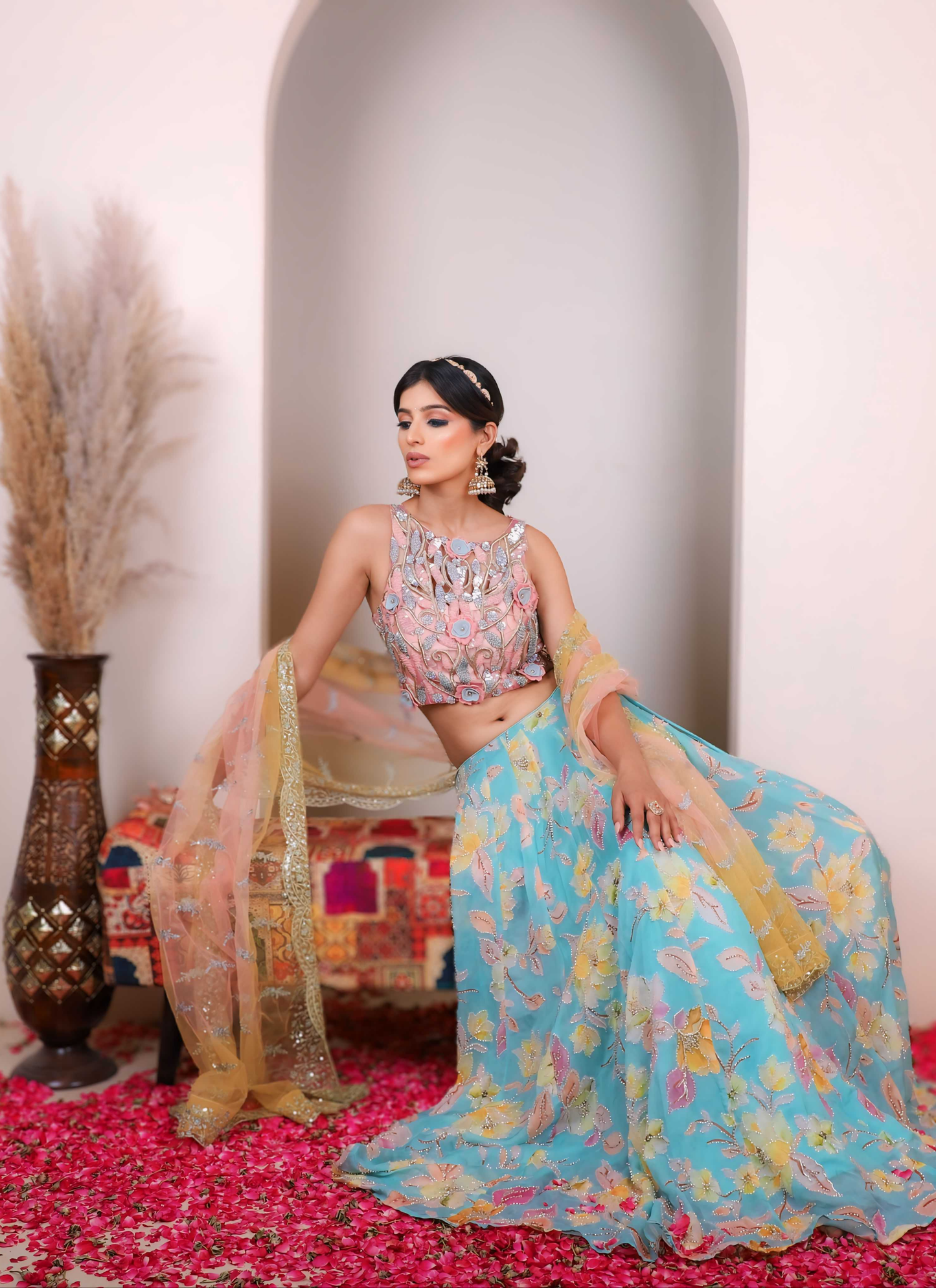 Pink Blue Floral Heavy Lehenga Set
