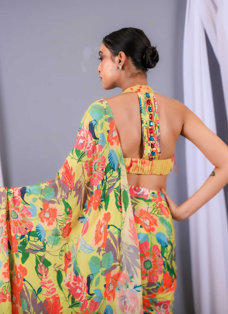 Neon frill printed saree