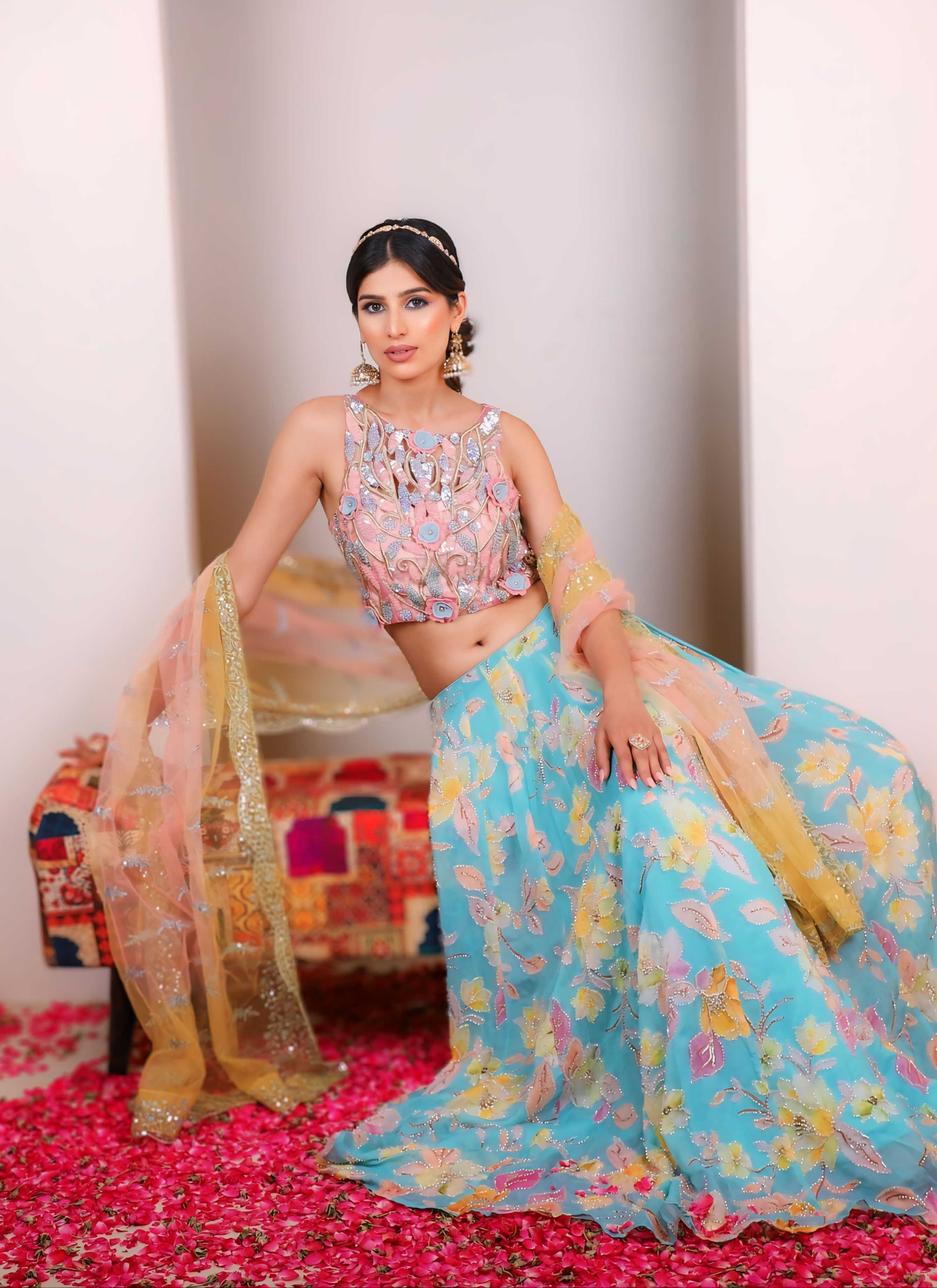 Pink Blue Floral Heavy Lehenga Set
