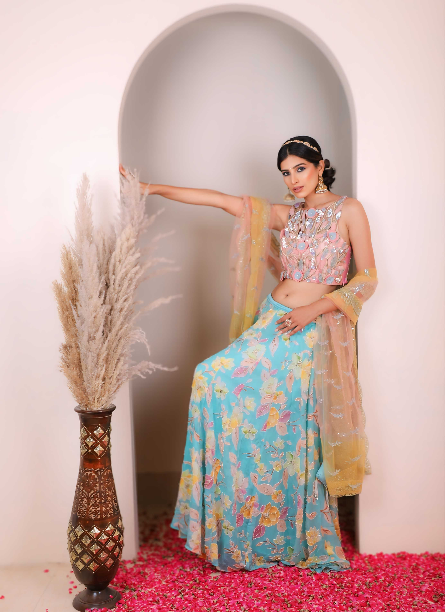 Pink Blue Floral Heavy Lehenga Set