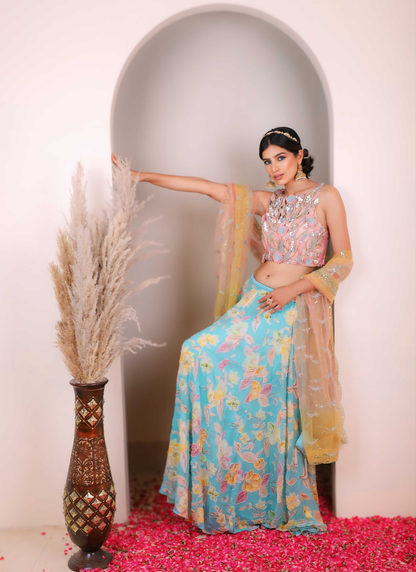 Pink Blue Floral Heavy Lehenga Set