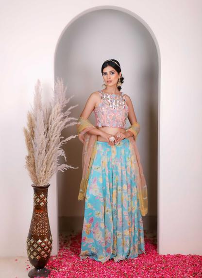 Pink Blue Floral Heavy Lehenga Set