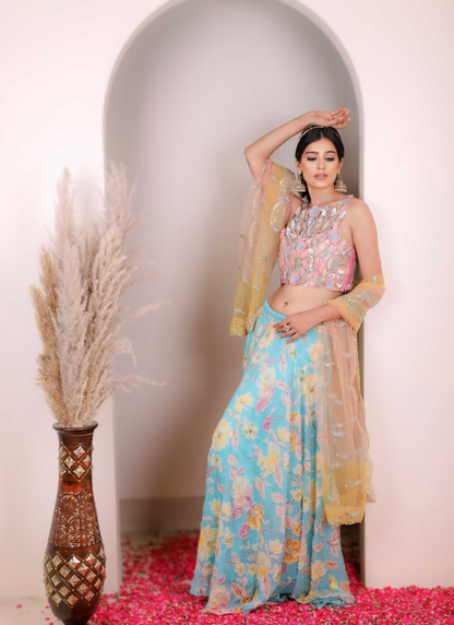 Pink Blue Floral Heavy Lehenga Set