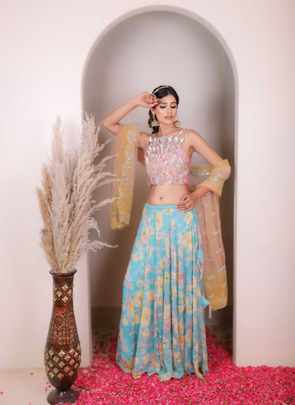 Pink Blue Floral Heavy Lehenga Set