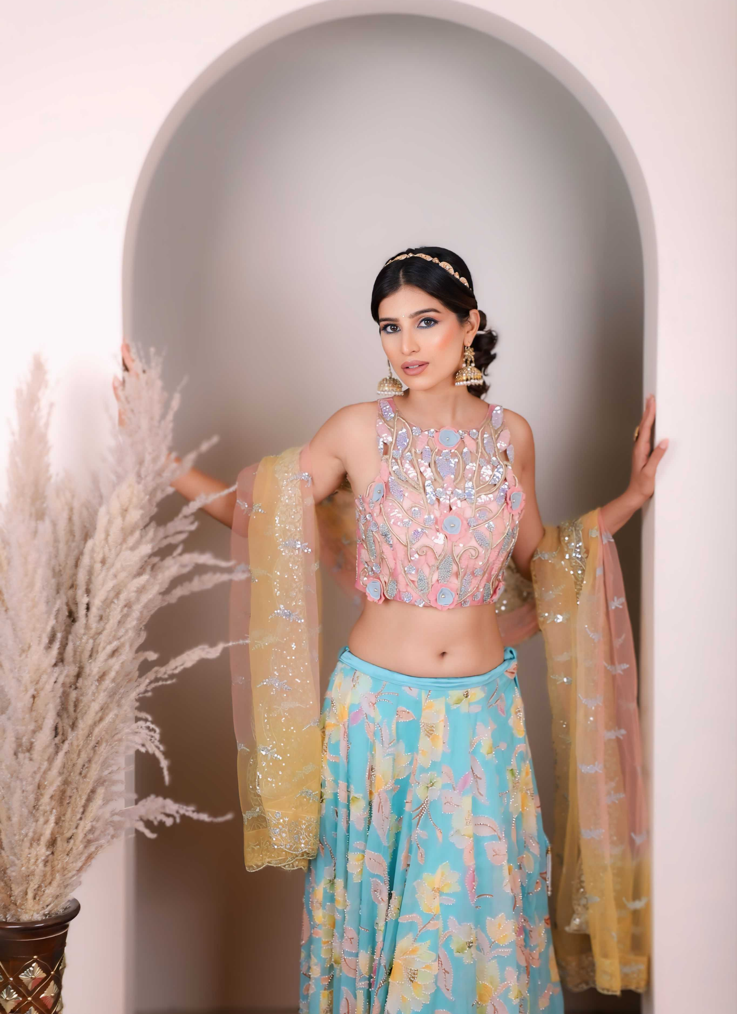 Pink Blue Floral Heavy Lehenga Set