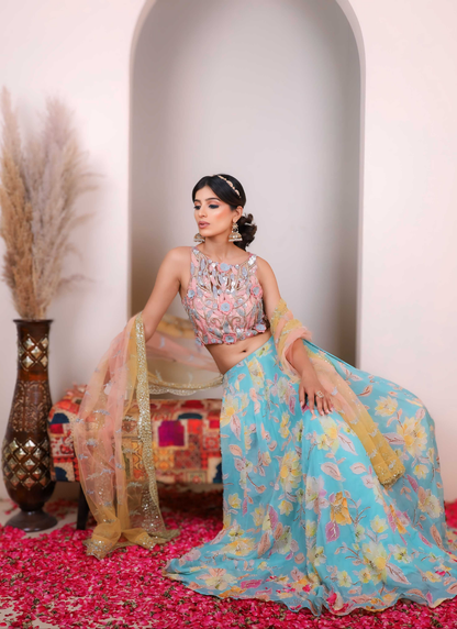 Pink Blue Floral Heavy Lehenga Set