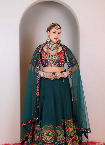 green heavy semi bridal lehenga