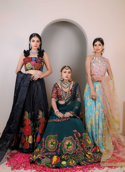 green heavy semi bridal lehenga