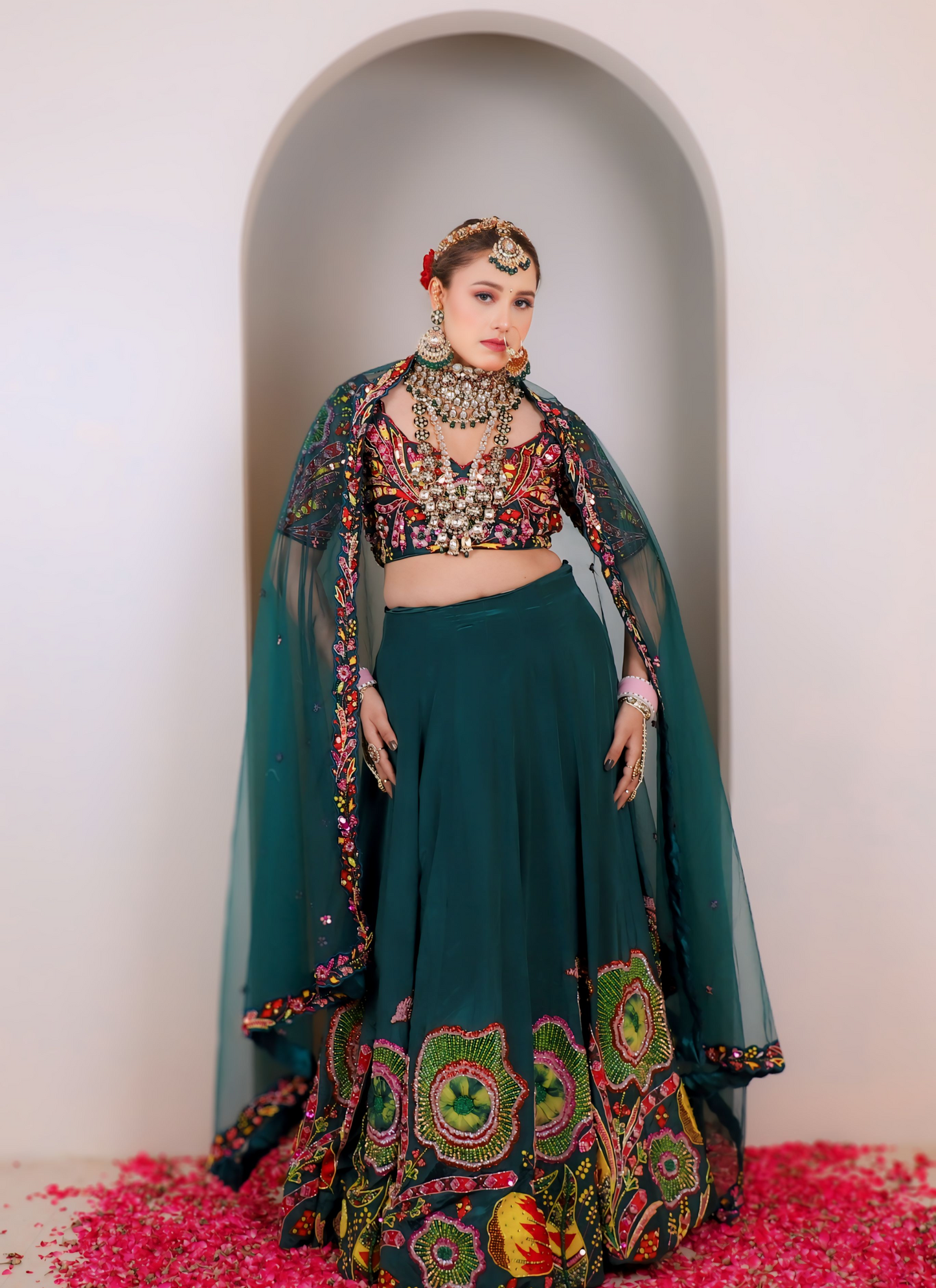 green heavy semi bridal lehenga