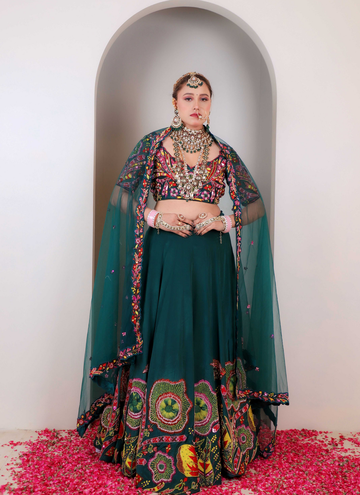 green heavy semi bridal lehenga