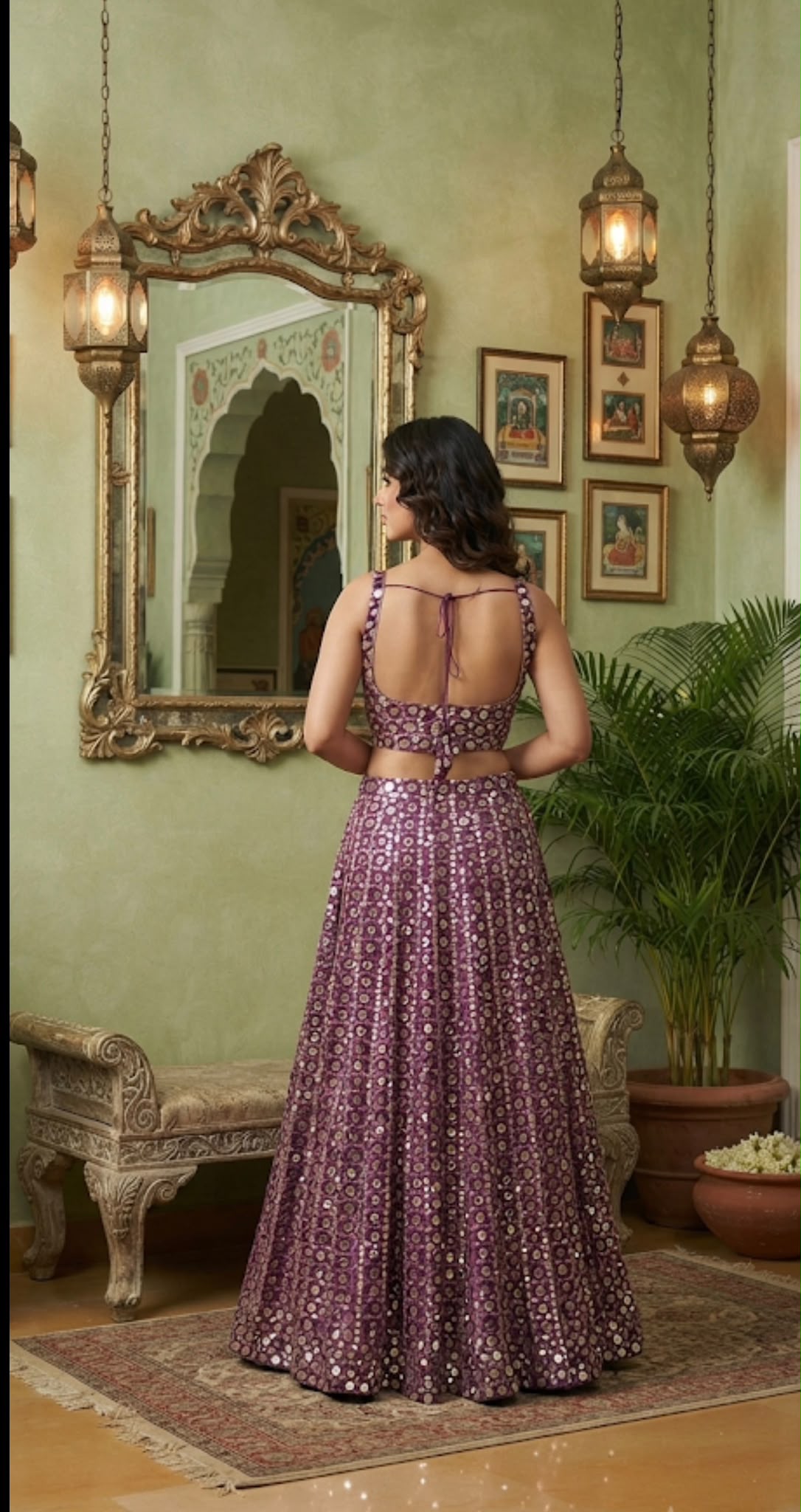Majestic Lavender Foil Mirror Work Lehenga Set
