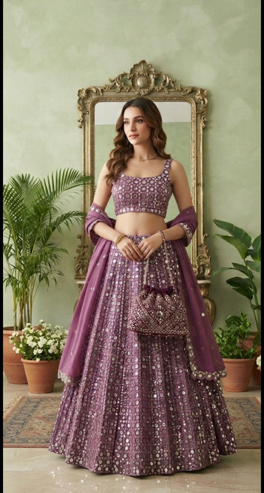 Majestic Lavender Foil Mirror Work Lehenga Set